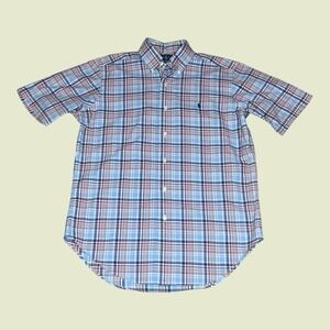 Ralph Lauren Mens Classic Fit Short Sleeve Plaid Button Down Shirt Blue Red S